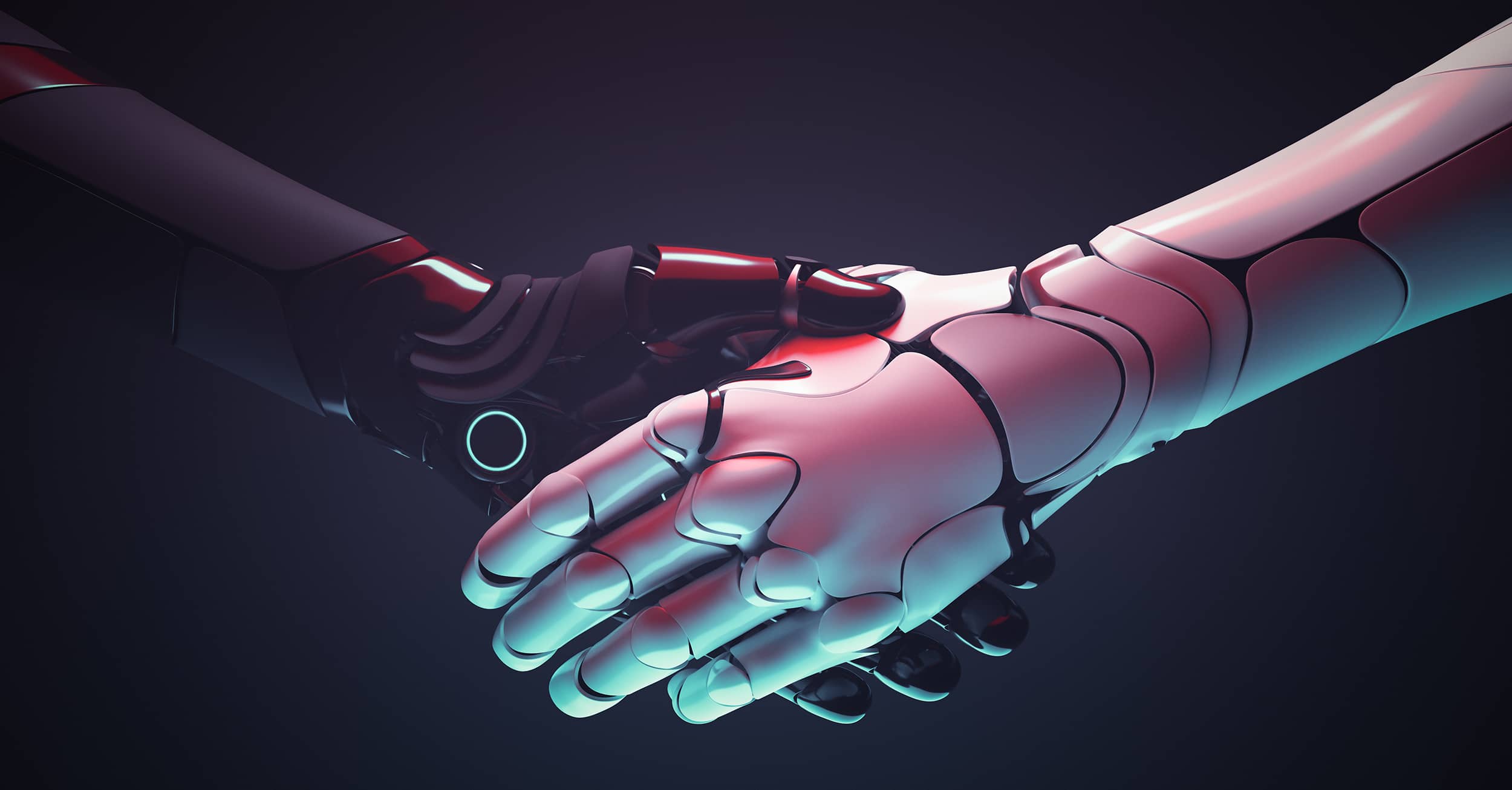 Two robots shake hands over a premium domain deal.